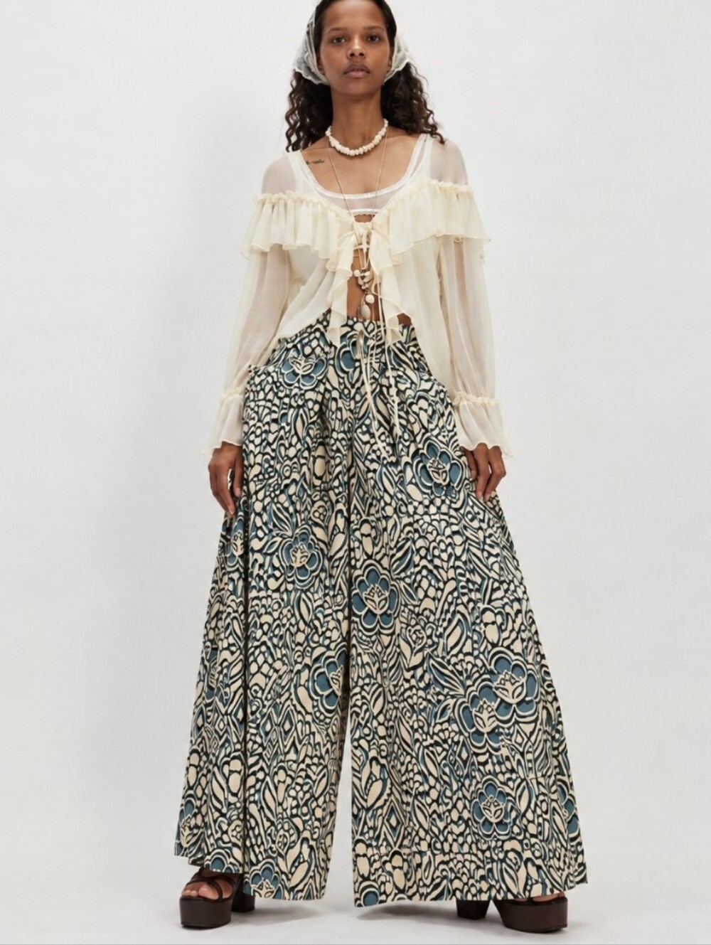 Free People Miss You Most Printed Wide-Leg Pants Green Floral Cotton Size 6